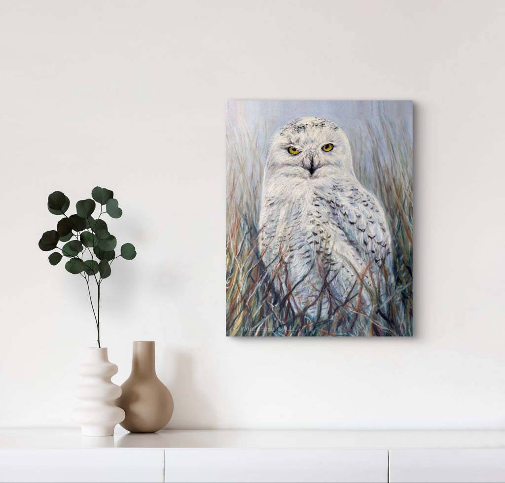 Canvas print of an owl in a natural setting on a wall with a vase and plant below.