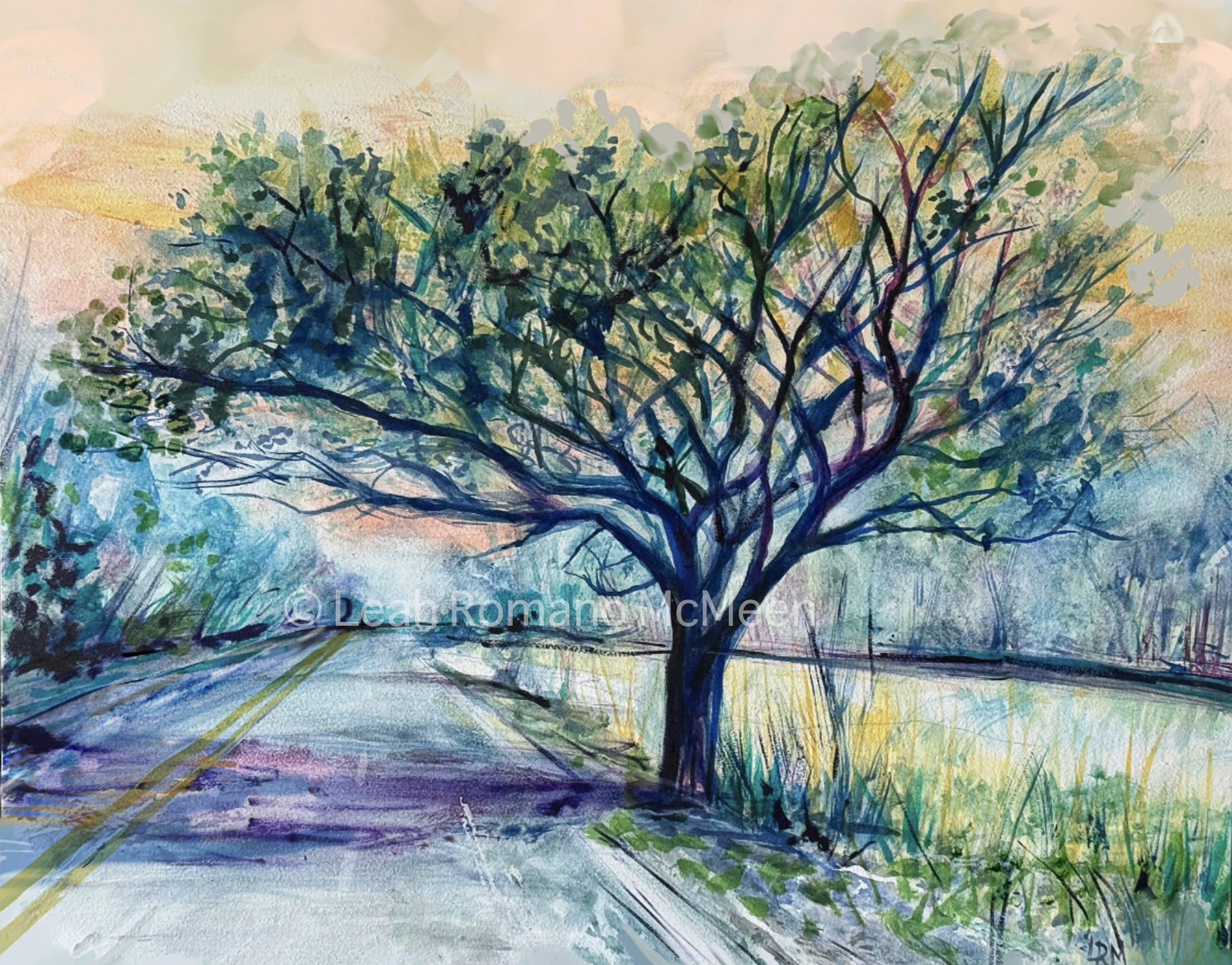 The Tree On Route 20 Watercolor Art Print