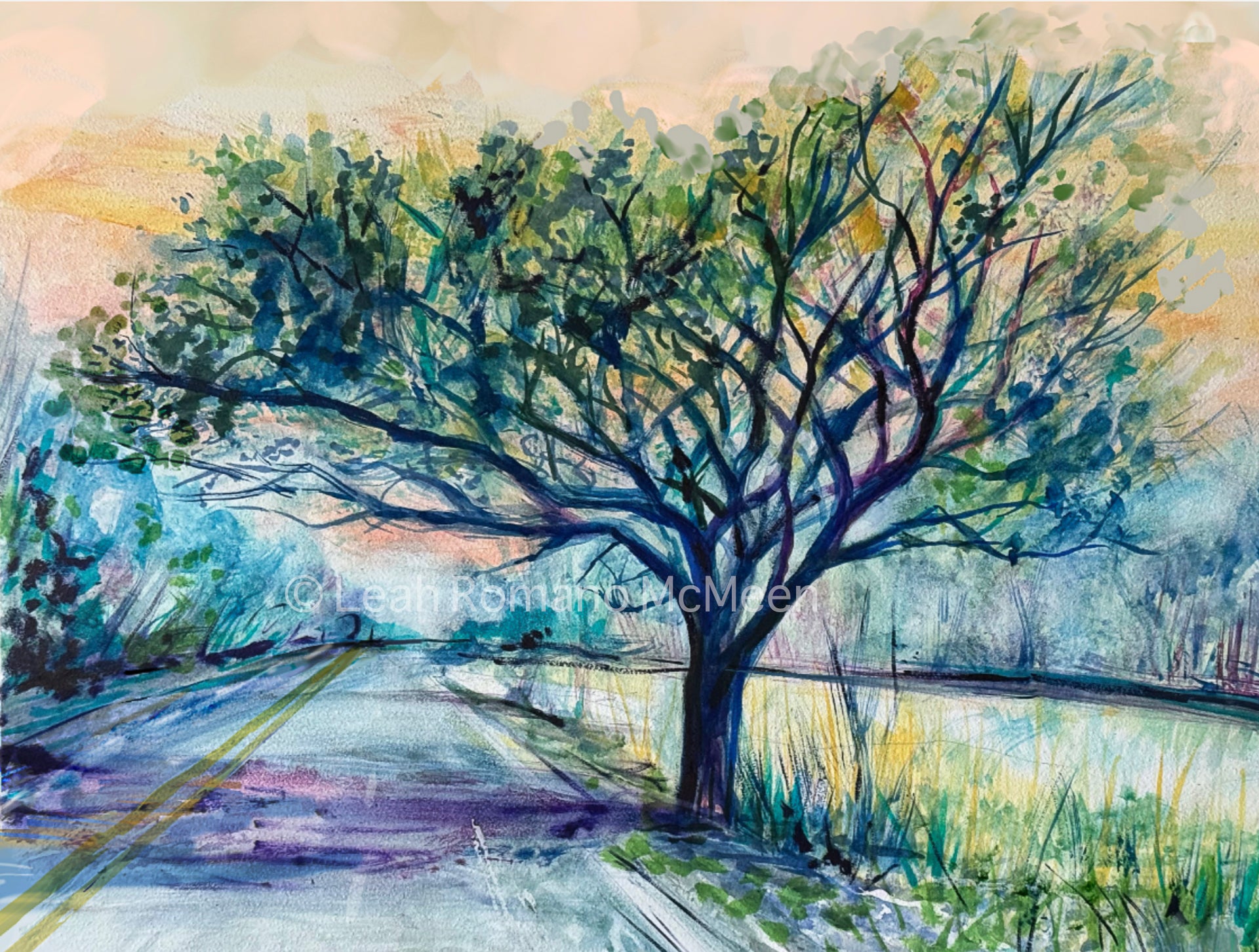 The Tree On Route 20 Watercolor Art Print
