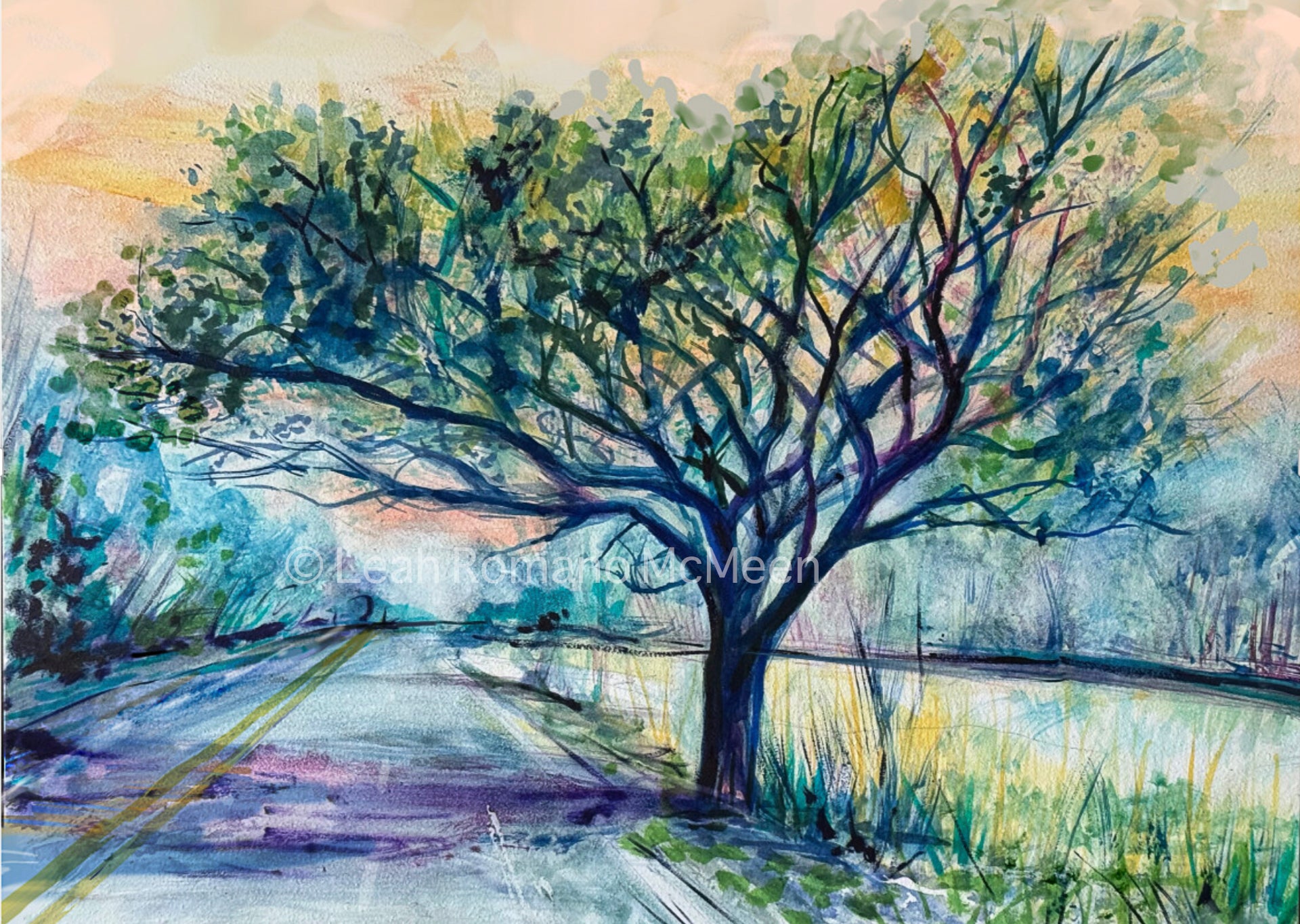 The Tree On Route 20 Watercolor Art Print