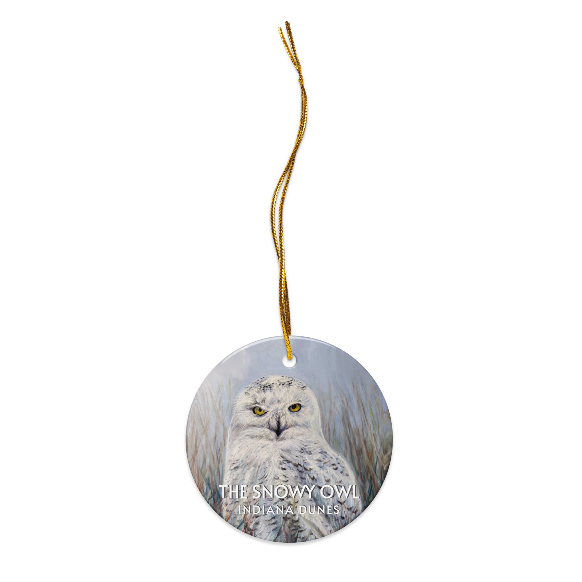 Round ceramic ornament with a snowy owl design on a white background